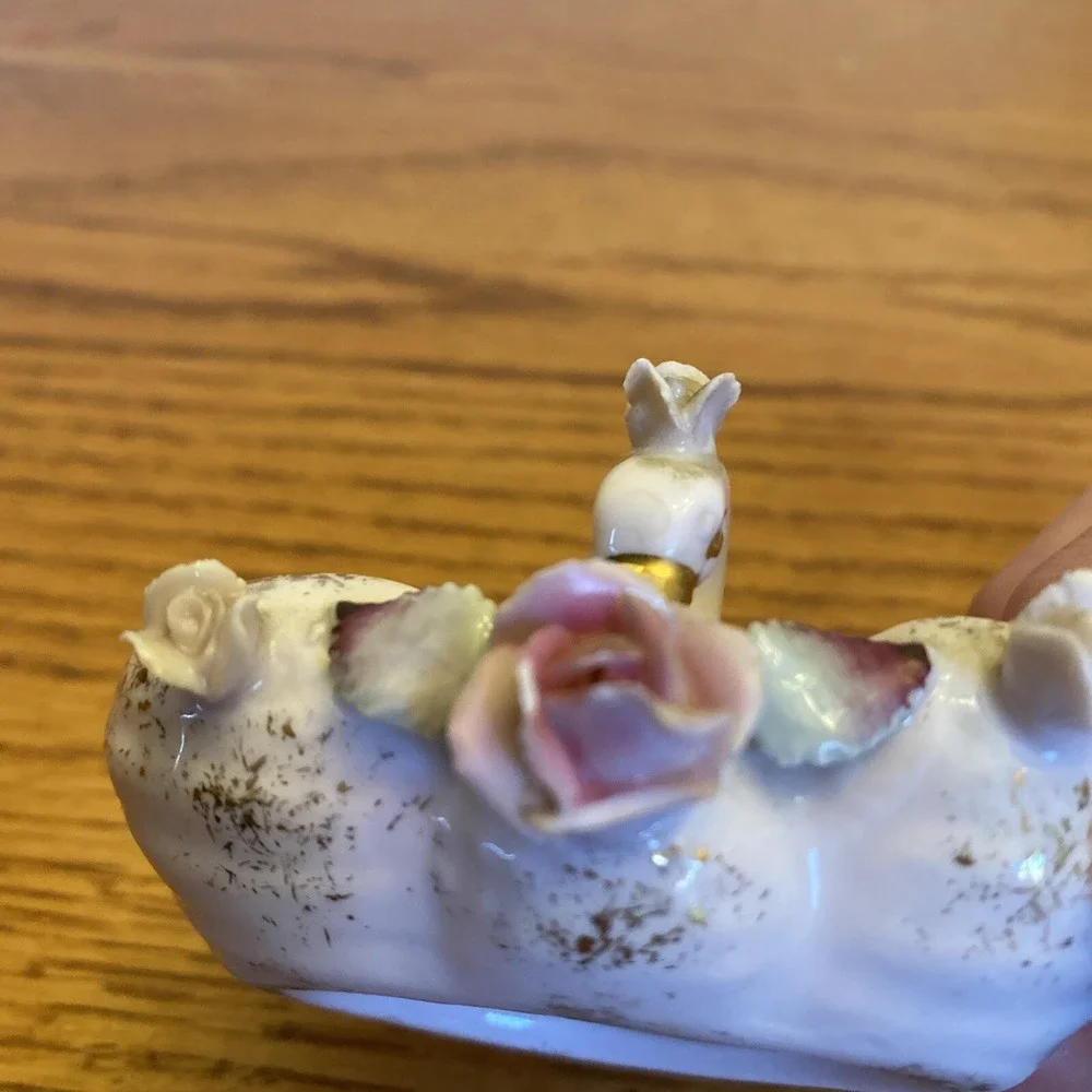 Vintage Lefton Porcelain Pink  Gilded‎ Gold Swan Trinket Dish Roses BEAUTIFUL